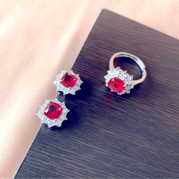 White Gold Plated Luxury Ruby Diamond Jewelry sets - Picture 7 of 8